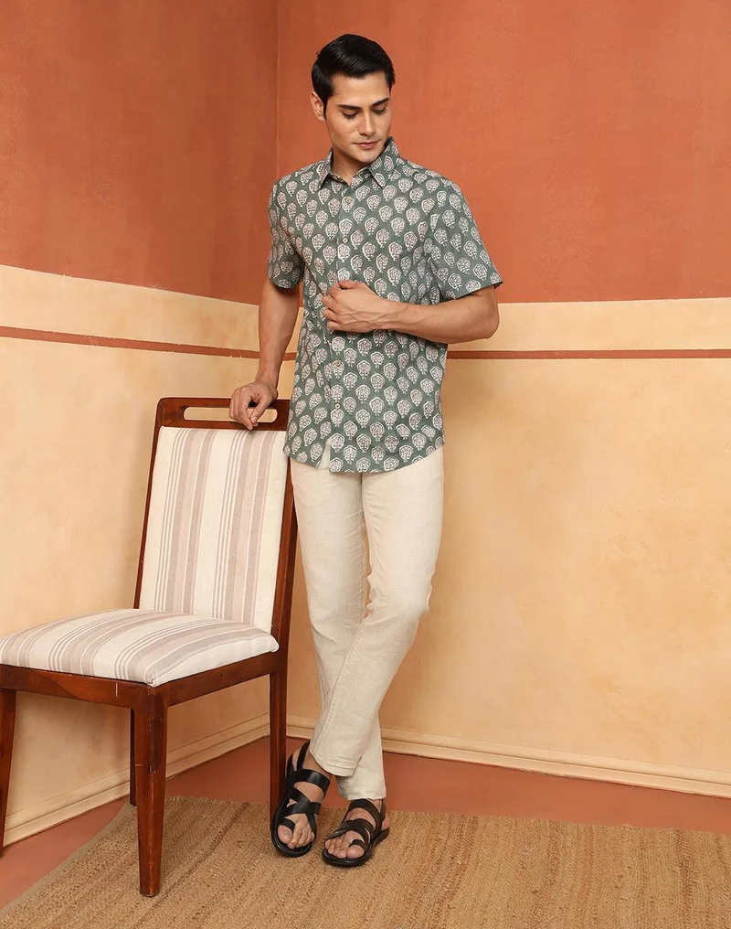 Fabindia  Green-Blue Cotton Hand Block Printed Slim Fit Shirt for Men | Best Price UAE