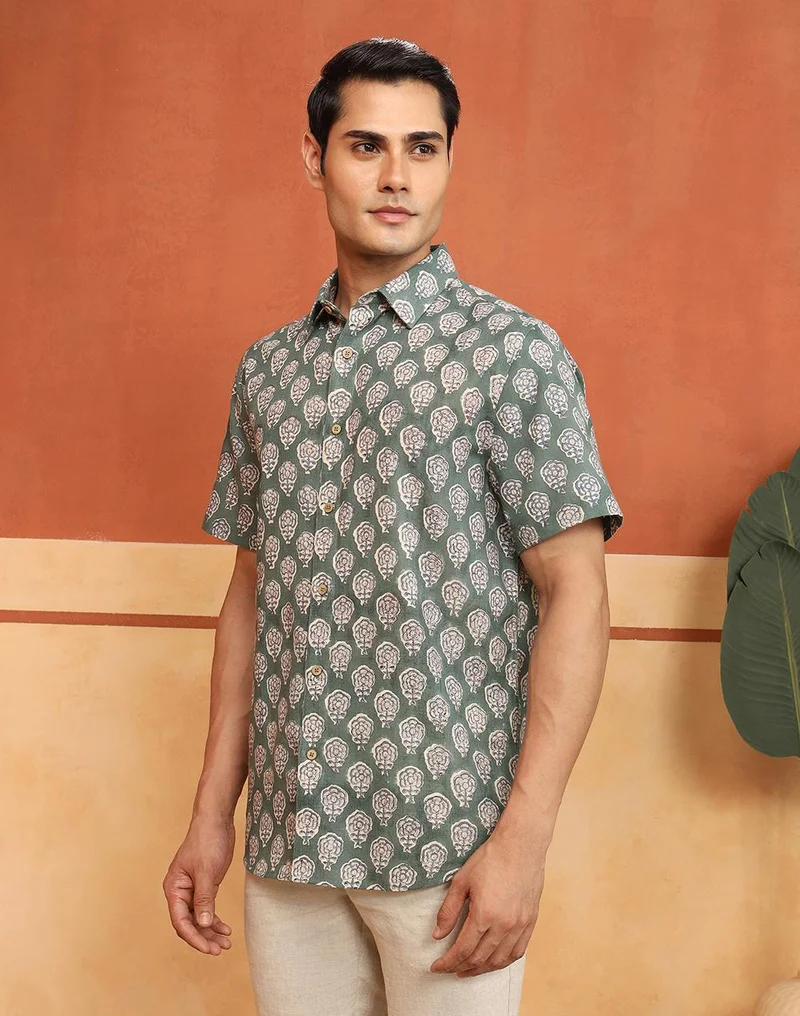 Fabindia  Green-Blue Cotton Hand Block Printed Slim Fit Shirt for Men | Best Price UAE