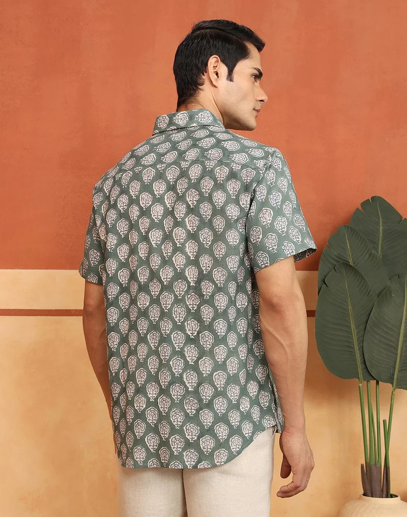 Fabindia  Green-Blue Cotton Hand Block Printed Slim Fit Shirt for Men | Best Price UAE