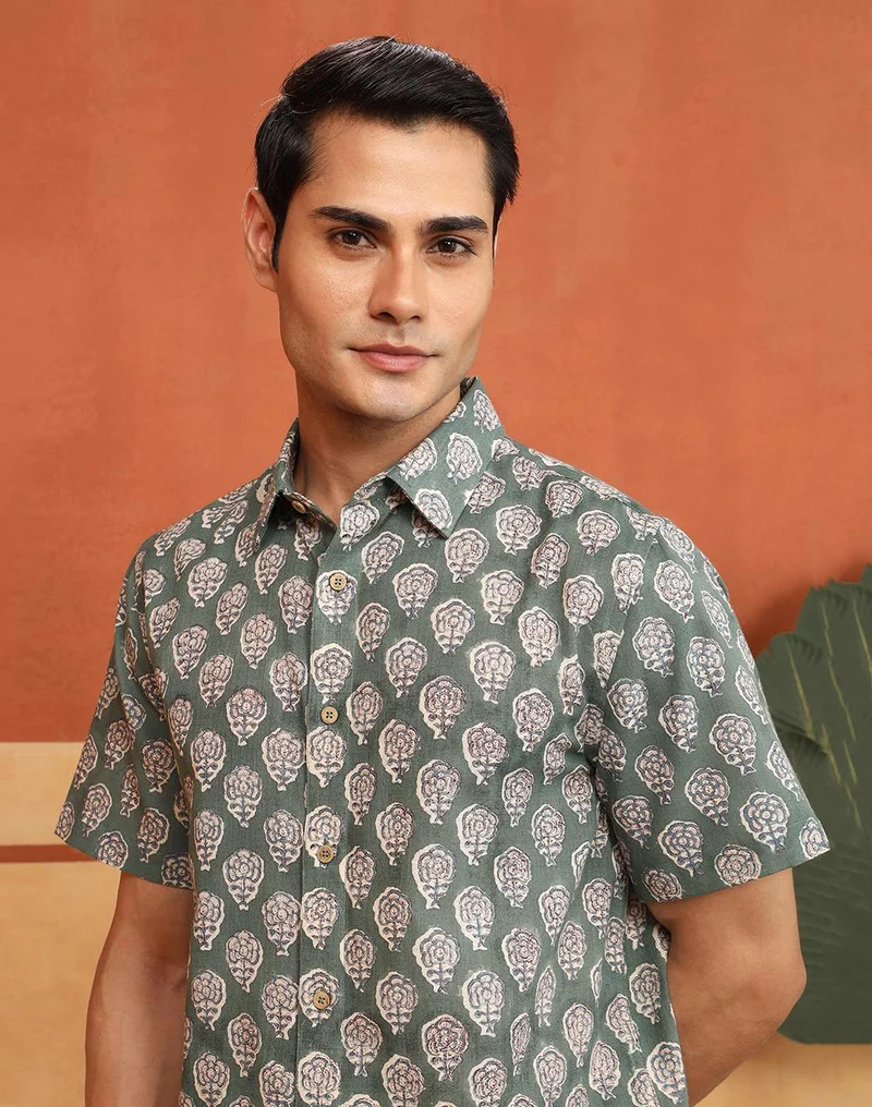 Fabindia  Green-Blue Cotton Hand Block Printed Slim Fit Shirt for Men | Best Price UAE