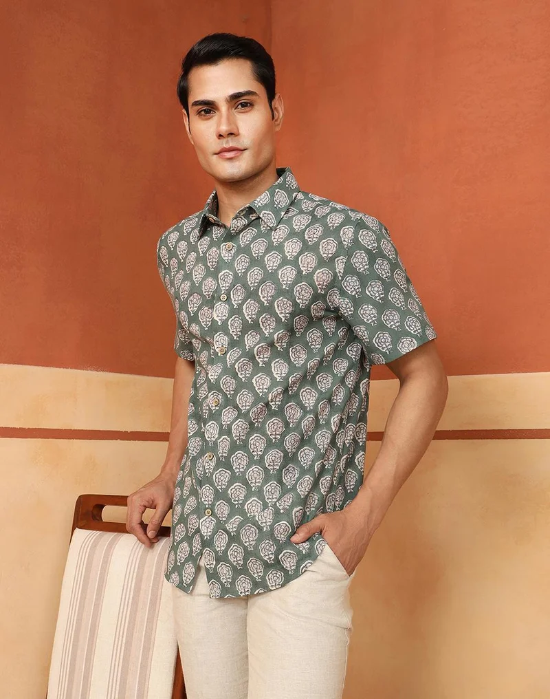 فاب انديا Green-Blue Cotton Hand Block Printed Slim Fit Shirt