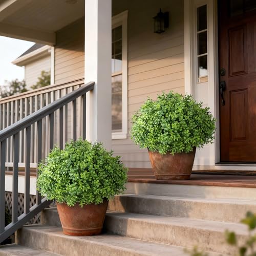 YXZZWL Set of 2 Artificial Boxwood Topiary Ball Trees - UV Resistant Faux Boxwood Potted Plants, Spring Summer Greenery Fake Bushes for Front Door Farmhouse Garden Porch Outdoor Decor - Image 2