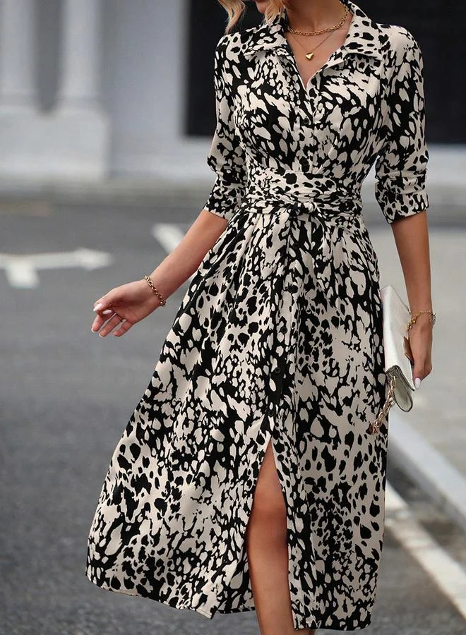 Take Two Women's Allover Printed Belted Button Front Detail Long Sleeve Midi Dress