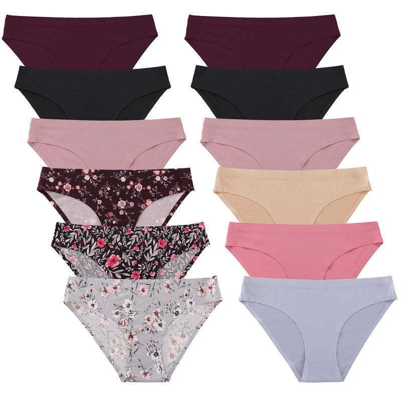 FINETOO 12Pack Womens Seamless Underwear No Show Cheeky Panties Invisibles Briefs Soft Stretch Bikini Hipster XSXLM