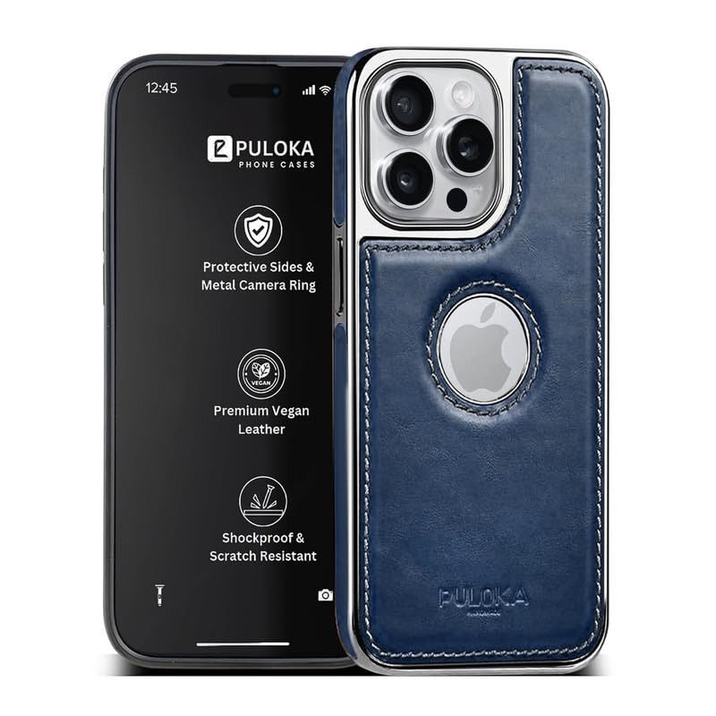 PULOKA Chrome Leather Back Case - Compatible with iPhone 14 Pro Max - Luxury Bumper Case - Flexible Vegan Leather - Electroplated Sides & Logocut - Full Camera Protetection & Raised Edges - Blue - Image 1