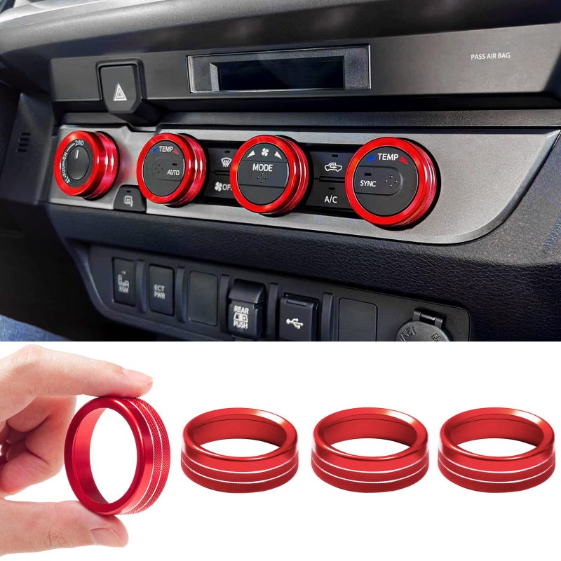 JKCOVER Interior Decorated Button Knob Covers Compatible with Toyota Tacoma 2023 2022 2021 2020 2019 2018 2017 2016 4WD Temp Air Conditioner AC Switch Audio CD Aluminum Alloy Knob Ring Red4pcs - Image 3
