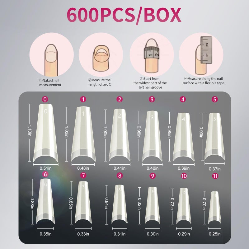krofaue Natural Acrylic Nail Tips Square - 600PCS Half Cover Coffin False Nails 12 Size with Box for Salon and Home DIY - Image 2