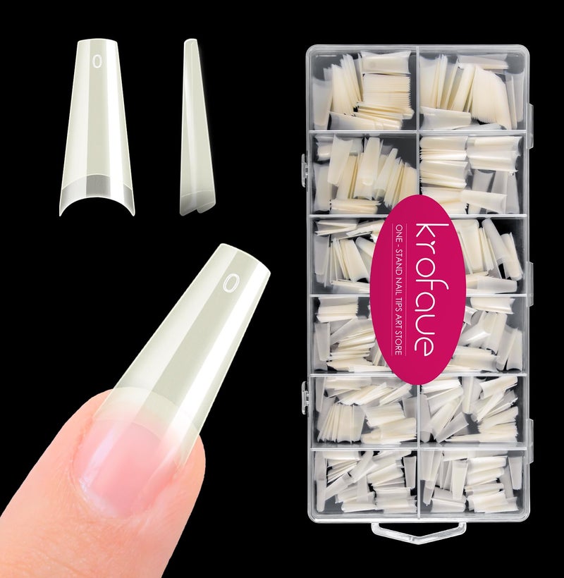krofaue Natural Acrylic Nail Tips Square - 600PCS Half Cover Coffin False Nails 12 Size with Box for Salon and Home DIY - Image 1