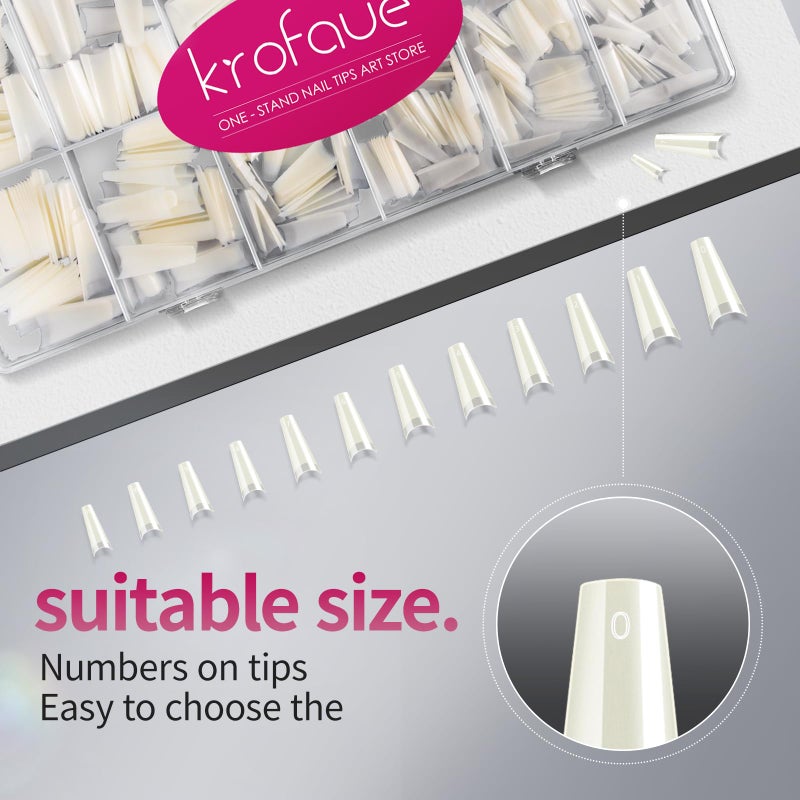 krofaue Natural Acrylic Nail Tips Square - 600PCS Half Cover Coffin False Nails 12 Size with Box for Salon and Home DIY - Image 5