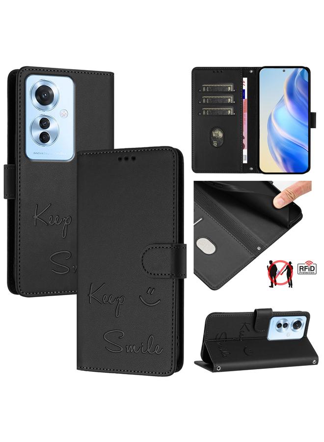زبون جراب هاتف جلدي بنقش ابتسامة هندية لهاتف OPPO F25 Pro 5G بتقنية RFID (أسود)