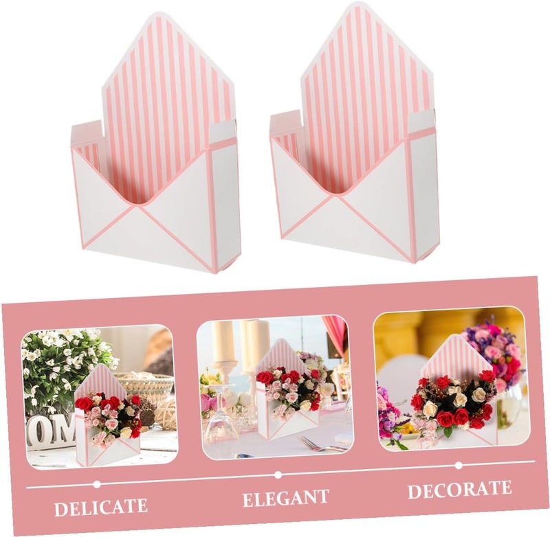 Zerodeko 4pcs Floral Envelope Boxes Small Bouquet Packaging Paper Boxes for Wedding Party and Spring Celebration Flower Arrangements, White and Pink Stripe Wrapping Supplies - Image 3