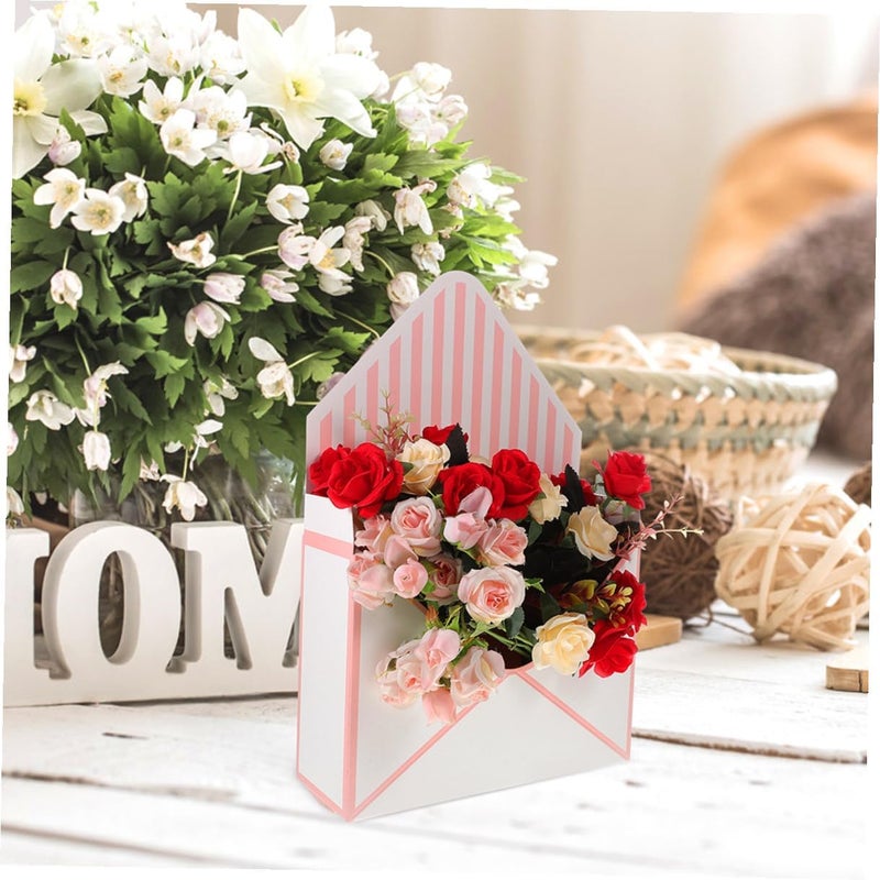 Zerodeko 4pcs Floral Envelope Boxes Small Bouquet Packaging Paper Boxes for Wedding Party and Spring Celebration Flower Arrangements, White and Pink Stripe Wrapping Supplies - Image 4