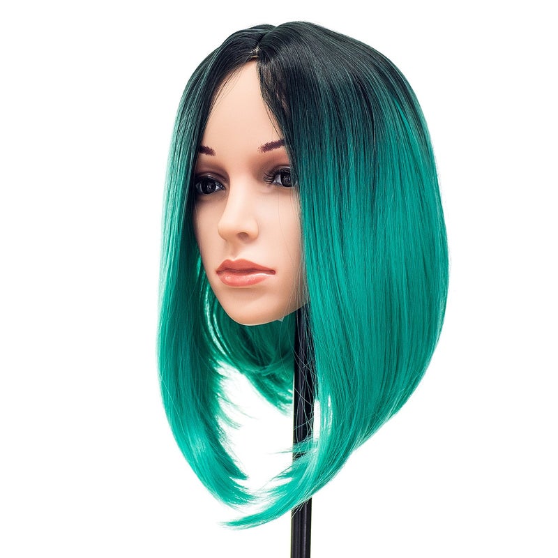 SWACC Ombre Colors Straight Short Hair Bob Wig Synthetic Colorful Cosplay Daily Party Flapper Wig for Women with Wig Cap Teal Blue