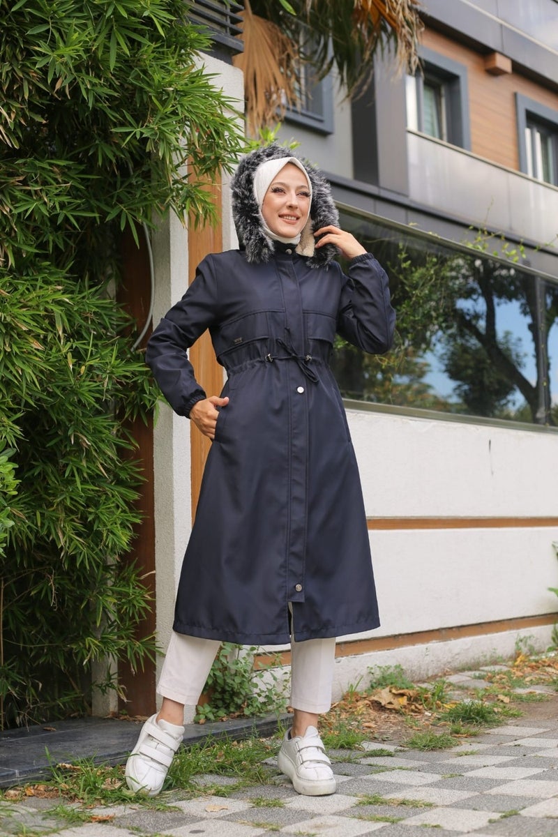 Vibeys Collection Navy Blue Fur Lined and Waterproof Women's Winter Coat & Jacket - Image 1