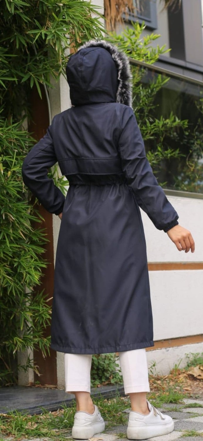 Vibeys Collection Navy Blue Fur Lined and Waterproof Women's Winter Coat & Jacket - Image 3
