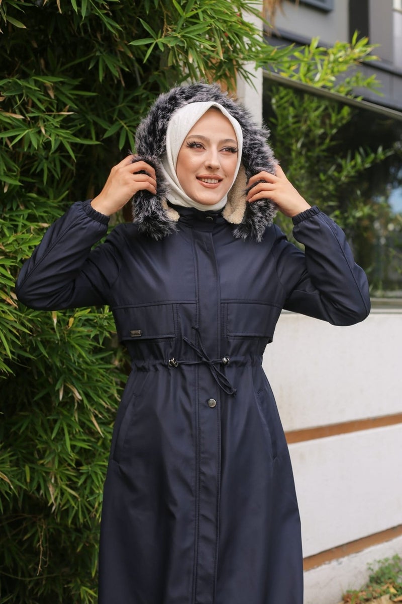 Vibeys Collection Navy Blue Fur Lined and Waterproof Women's Winter Coat & Jacket - Image 5