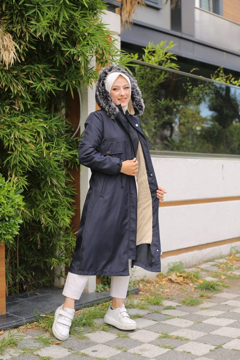 Vibeys Collection Navy Blue Fur Lined and Waterproof Women's Winter Coat & Jacket - Image 2