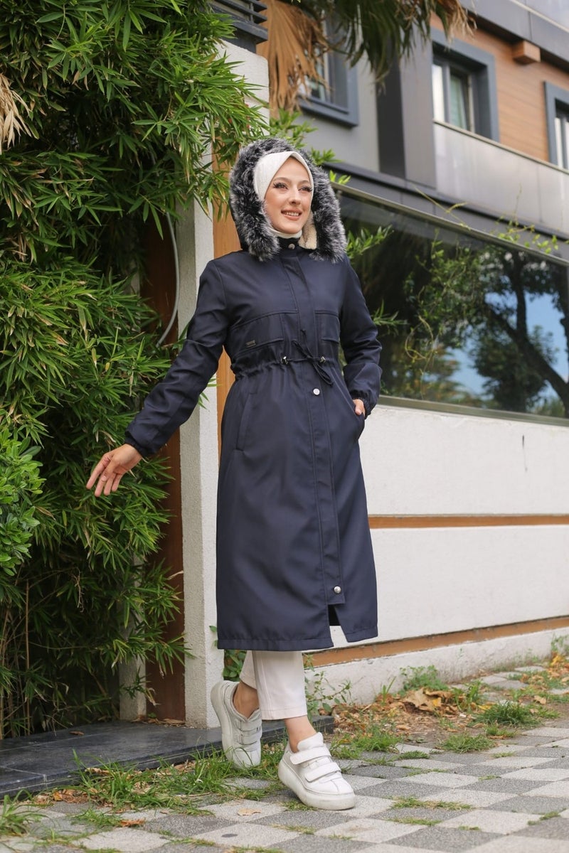 Vibeys Collection Navy Blue Fur Lined and Waterproof Women's Winter Coat & Jacket - Image 4
