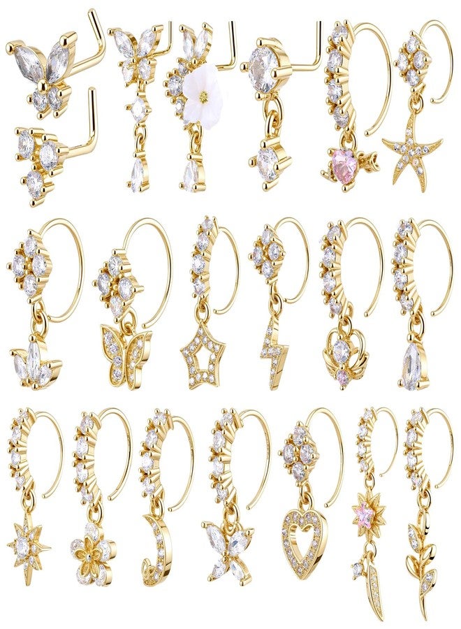 Yolev 20pcs Dangle Nose Ring For Women 20g L Shaped Dangling Nose Stud Cz Heart Moon Star Butterfly Noses Rings Hoops Dangling Dangle Noses Piercing Jewelry - Image 1