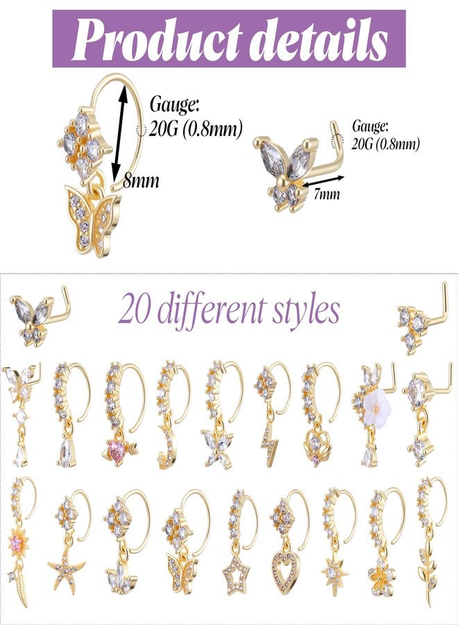 Yolev 20pcs Dangle Nose Ring For Women 20g L Shaped Dangling Nose Stud Cz Heart Moon Star Butterfly Noses Rings Hoops Dangling Dangle Noses Piercing Jewelry - Image 2