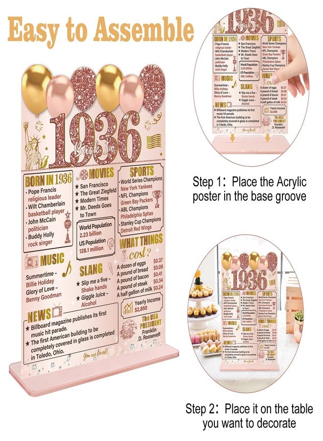 Guiruiy Pink Rose Gold 90th Birthday Decorations for Women, Two-Sided Vintage 90 Back in 1936 Theme Poster Wooden Table Sign with Stand, Ninety Years Old Bday Centerpieces Holder for Table Decor - Image 3