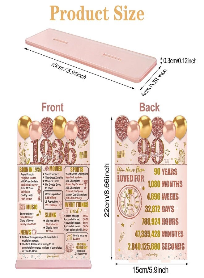 Guiruiy Pink Rose Gold 90th Birthday Decorations for Women, Two-Sided Vintage 90 Back in 1936 Theme Poster Wooden Table Sign with Stand, Ninety Years Old Bday Centerpieces Holder for Table Decor - Image 2