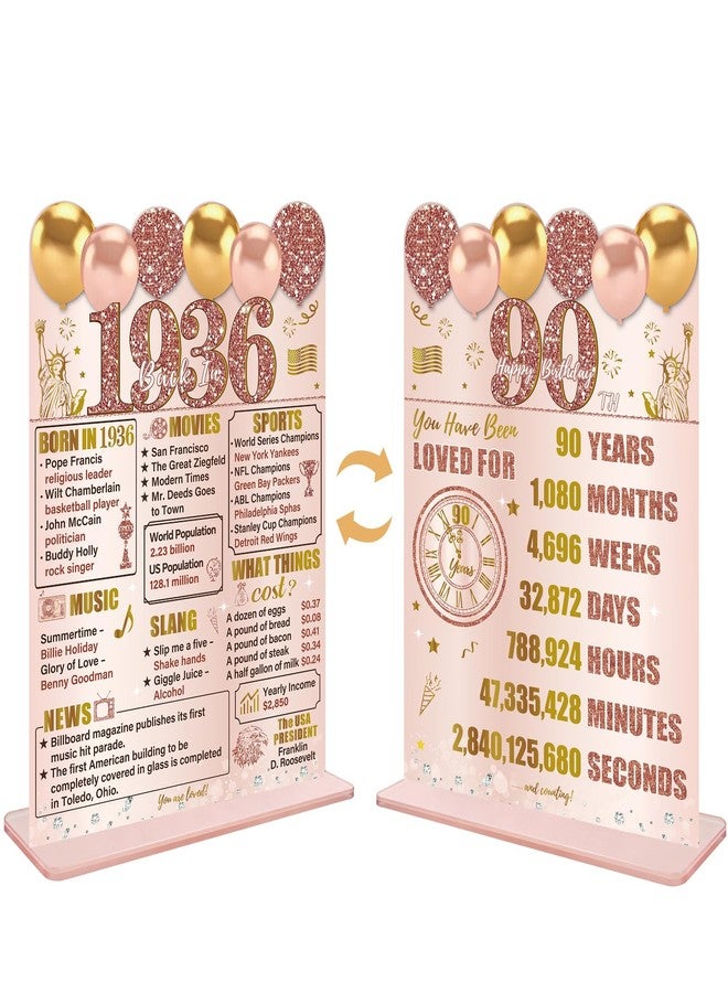 Guiruiy Pink Rose Gold 90th Birthday Decorations for Women, Two-Sided Vintage 90 Back in 1936 Theme Poster Wooden Table Sign with Stand, Ninety Years Old Bday Centerpieces Holder for Table Decor - Image 1