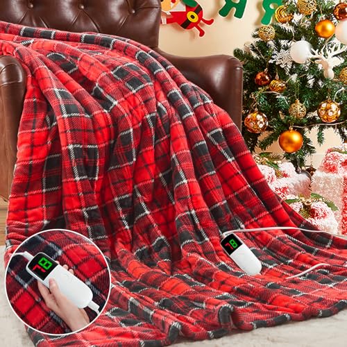 OCTROT Heated Blanket Electric Throw 50X60, Christmas Heating Throw Gift with 10 Heating Levels & 8 Hours Auto Off, Red Plaid Checkered Sherpa Blanket Warmer for Adults, Couch Bed Office Use