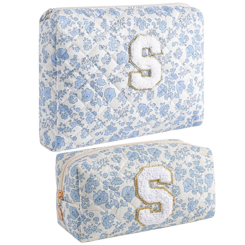 JOVAKIT Alphabet Makeup Bag Cosmetic Bag for Women Christmas Gifts for Girls Age 618 Floral Flowers Coquette Travel Toiletry Zipper Make Up Pouch Organizer Trendy Stuff 2Pcs Blue Floral S - Image 2