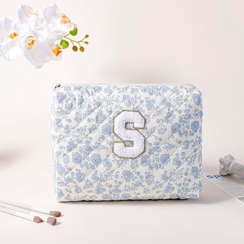 JOVAKIT Alphabet Makeup Bag Cosmetic Bag for Women Christmas Gifts for Girls Age 618 Floral Flowers Coquette Travel Toiletry Zipper Make Up Pouch Organizer Trendy Stuff 2Pcs Blue Floral S - Image 3