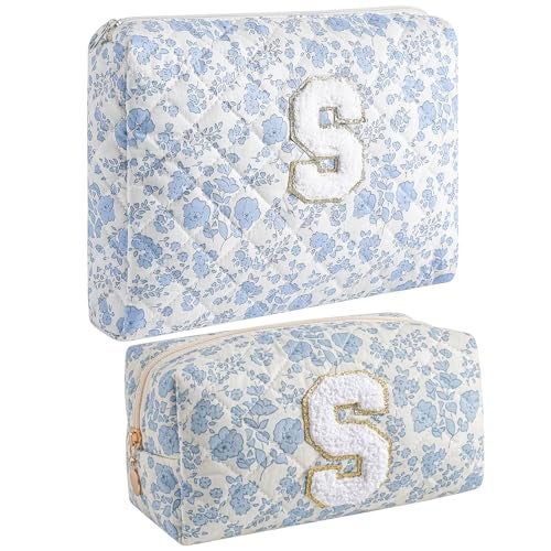 JOVAKIT Alphabet Makeup Bag Cosmetic Bag for Women Christmas Gifts for Girls Age 618 Floral Flowers Coquette Travel Toiletry Zipper Make Up Pouch Organizer Trendy Stuff 2Pcs Blue Floral S - Image 1