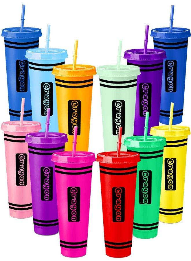 Skylety 12 Pcs Back to School Gifts Bulk 24 oz Crayon Plastic Tumblers with Lids and Straws Reusable Water Bottle First Day of School Classroom Party Favors Birthday Party Decorations - Image 1