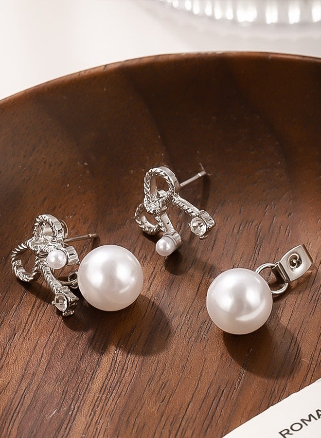 DAEVO Silver Bow Double Pearl Drop Dangle Earrings for Women - Image 5