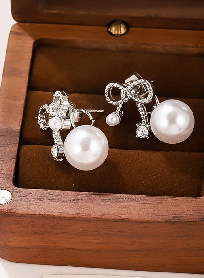 DAEVO Silver Bow Double Pearl Drop Dangle Earrings for Women - Image 4