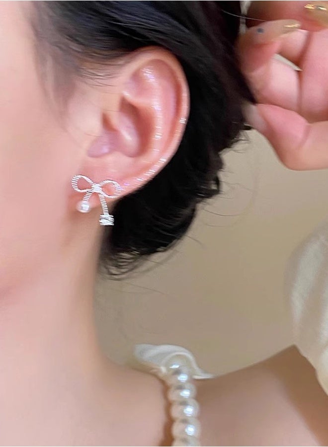 DAEVO Silver Bow Double Pearl Drop Dangle Earrings for Women - Image 3