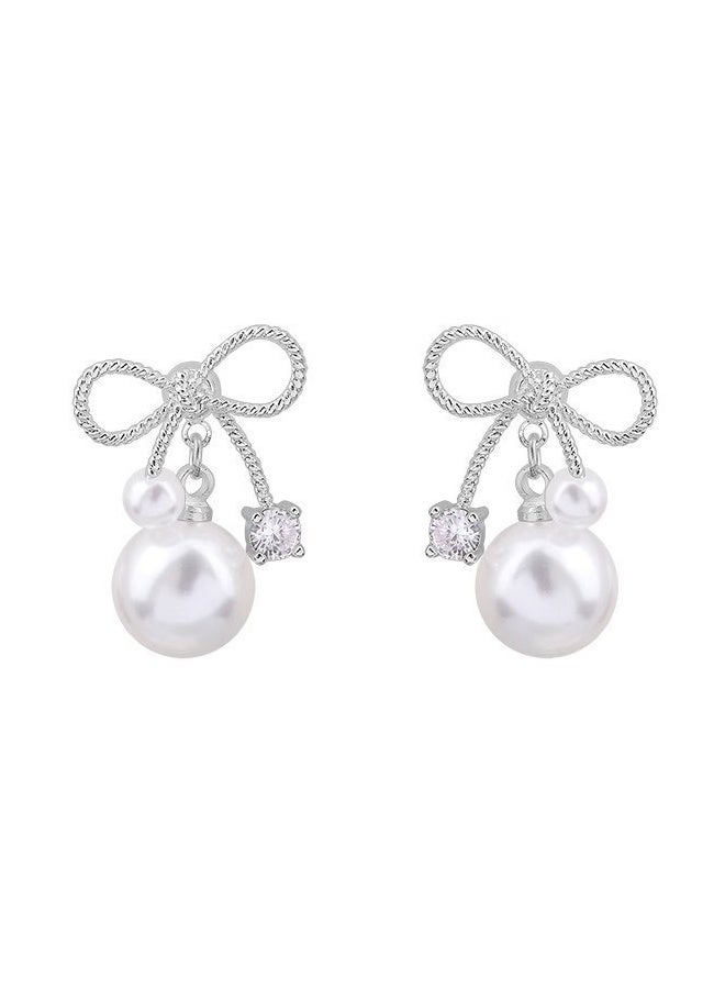 DAEVO Silver Bow Double Pearl Drop Dangle Earrings for Women - Image 1
