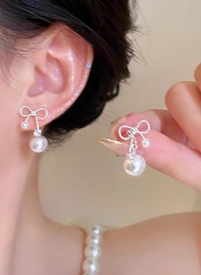 DAEVO Silver Bow Double Pearl Drop Dangle Earrings for Women - Image 2