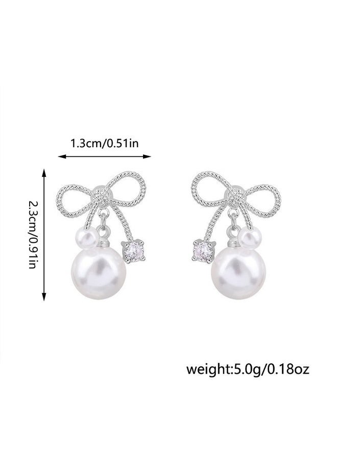 DAEVO Silver Bow Double Pearl Drop Dangle Earrings for Women - Image 4