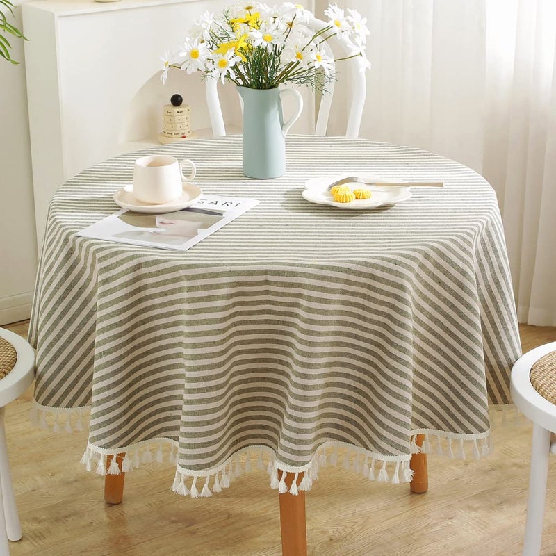 TruDelve Round Table Cloths 60 Inch Olive Green Striped Cloth Tablecloths Spring Outdoor Table Cloth Round Cover Green60Round
