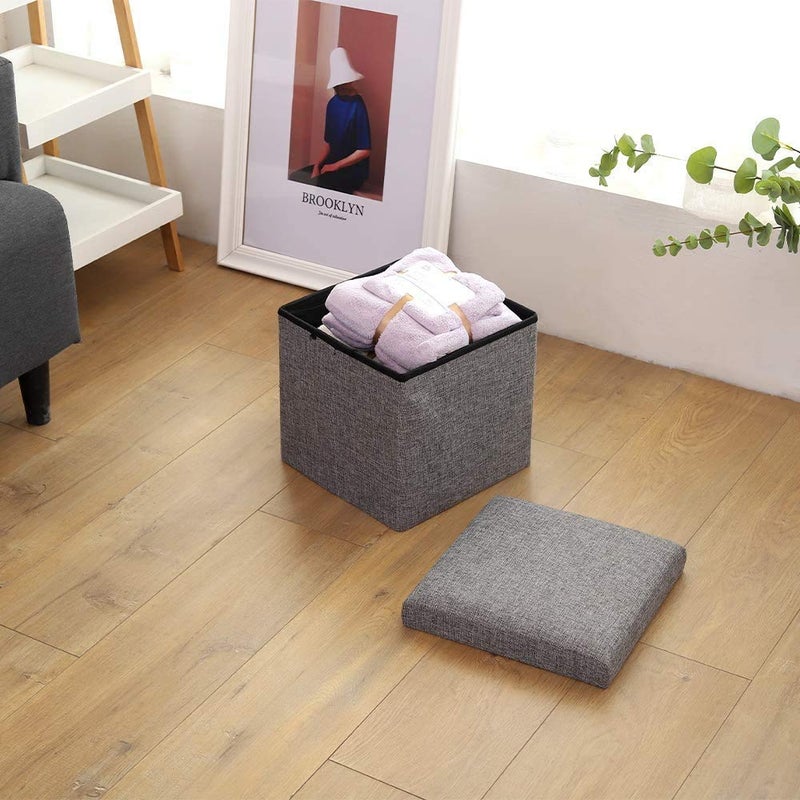 EAFTOS Folding Storage Ottoman Linen Fabric Cube Shape Footrest Coffee Table Step Top Organizer Pouf Box Organizer Stool with Lid Cover 2 - Image 5