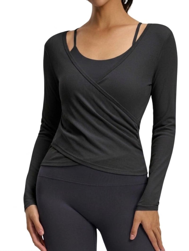 Fashiol Women's Yoga Long Sleeve 2 in 1 Mesh Summer Athletic Tops Workout Shirts with Attached Padded Sports Bra | Fitness Crop Top Bralette - Black, XL - Image 5