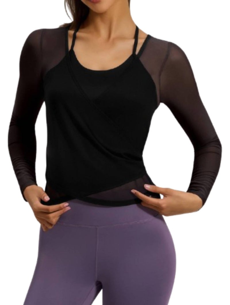 Fashiol Women's Yoga Long Sleeve 2 in 1 Mesh Summer Athletic Tops Workout Shirts with Attached Padded Sports Bra | Fitness Crop Top Bralette - Black, XL - Image 3