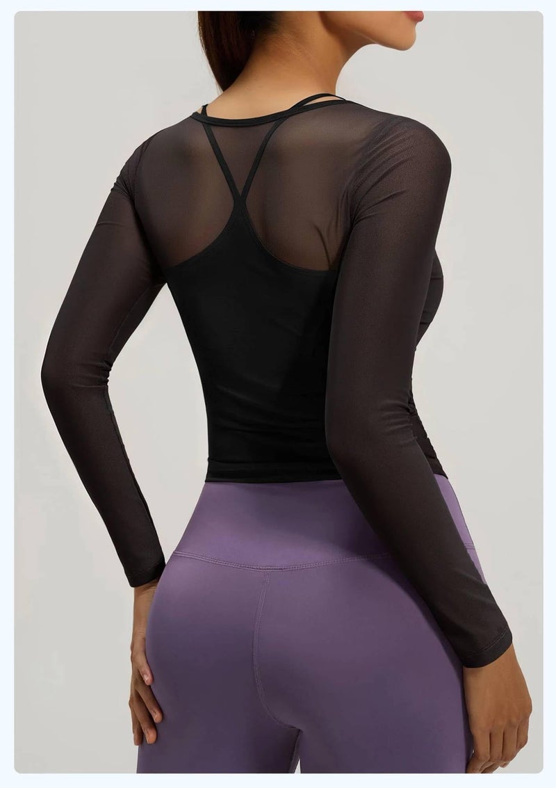 Fashiol Women's Yoga Long Sleeve 2 in 1 Mesh Summer Athletic Tops Workout Shirts with Attached Padded Sports Bra | Fitness Crop Top Bralette - Black, XL - Image 2