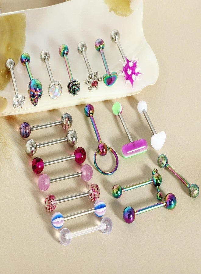 Suotarn 20Pcs 14G Tongue Rings Stainless Steel Tongue Piercing Barbells Long Acrylic Glow in Dark Pill Rose Skull Zircon Tounge Bar for Women Men - Image 4