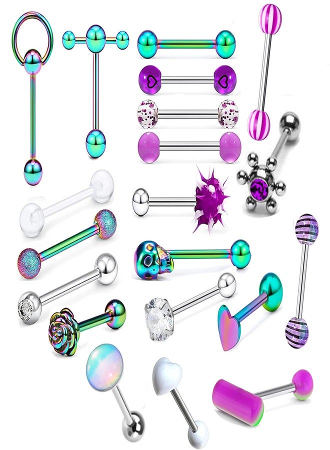 Suotarn 20Pcs 14G Tongue Rings Stainless Steel Tongue Piercing Barbells Long Acrylic Glow in Dark Pill Rose Skull Zircon Tounge Bar for Women Men - Image 1