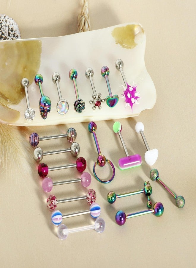 Suotarn 20Pcs 14G Tongue Rings Stainless Steel Tongue Piercing Barbells Long Acrylic Glow in Dark Pill Rose Skull Zircon Tounge Bar for Women Men - Image 3