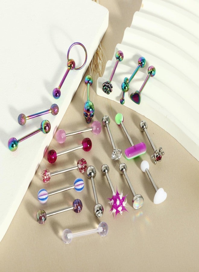 Suotarn 20Pcs 14G Tongue Rings Stainless Steel Tongue Piercing Barbells Long Acrylic Glow in Dark Pill Rose Skull Zircon Tounge Bar for Women Men - Image 2