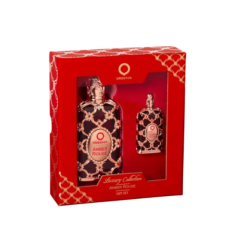 Orientica Amber Rouge 2-Pc Gift Set Eau De Parfum - Woody, Amber, Saffron, Praline, Jasmine, Orange, Oak Moss, Seaweed - Arabic Perfume for Men & Women - 30ml / 1.0 oz + 7.5ml Spray - Image 1