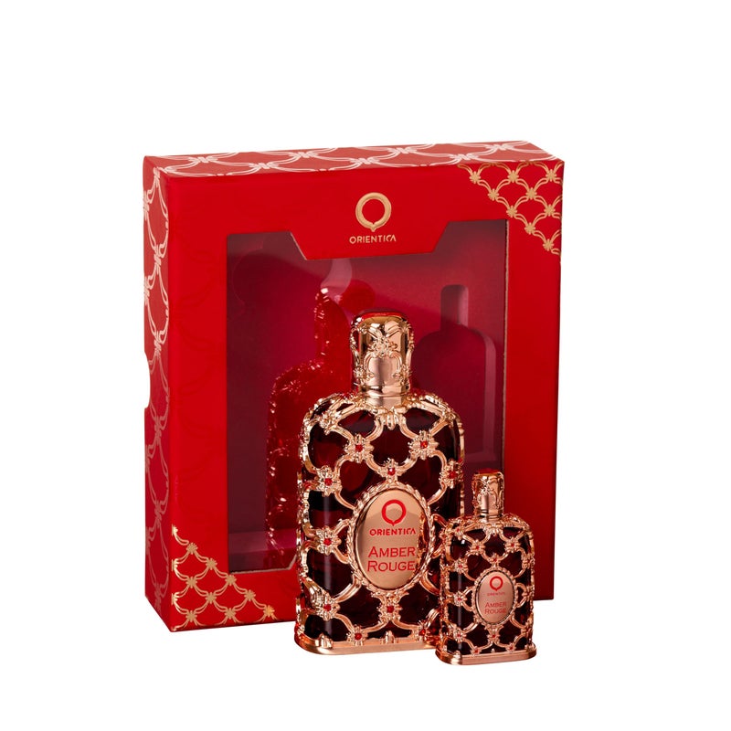 Orientica Amber Rouge 2-Pc Gift Set Eau De Parfum - Woody, Amber, Saffron, Praline, Jasmine, Orange, Oak Moss, Seaweed - Arabic Perfume for Men & Women - 30ml / 1.0 oz + 7.5ml Spray - Image 3