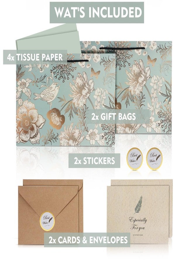 Elivida 13" Gift Bag with Handle incl. Matching Tissue Paper, Card & Sticker,Reusable Flowers and Birds Design Gift Bags Use for Presents of Any Birthday,Mother's Day& Special Occasion (2Pc Green) - Image 3